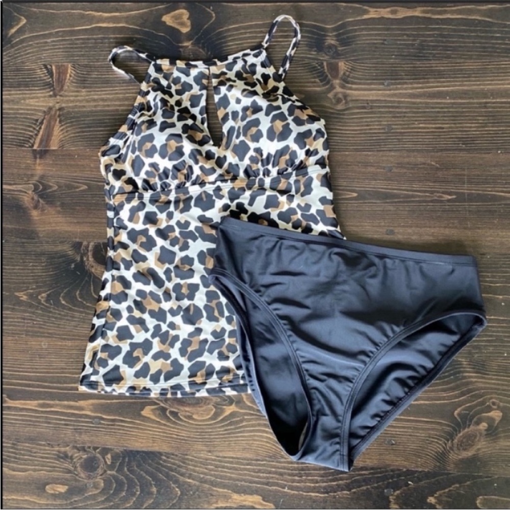 NEW Ellen Tracy Keyhole Leopard Tankini Swimwear and Bottoms Set 6, 8